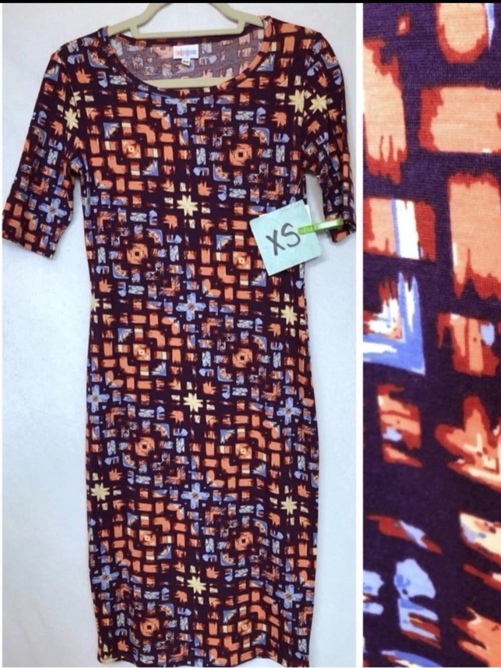 LuLaRoe Julia Purple Orange Geometric Mosaic Sheath Dress XS NWT